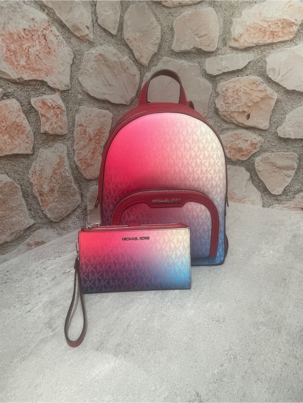 Michael Kors Jaycee Gradient Pink Blue White MK Logo Backpack & Matching Wallet